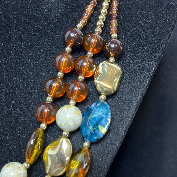 Triple Strand Gold Tone Brown, Aqua And White Graduated Beads Necklace (3890) - Picture 5 of 6